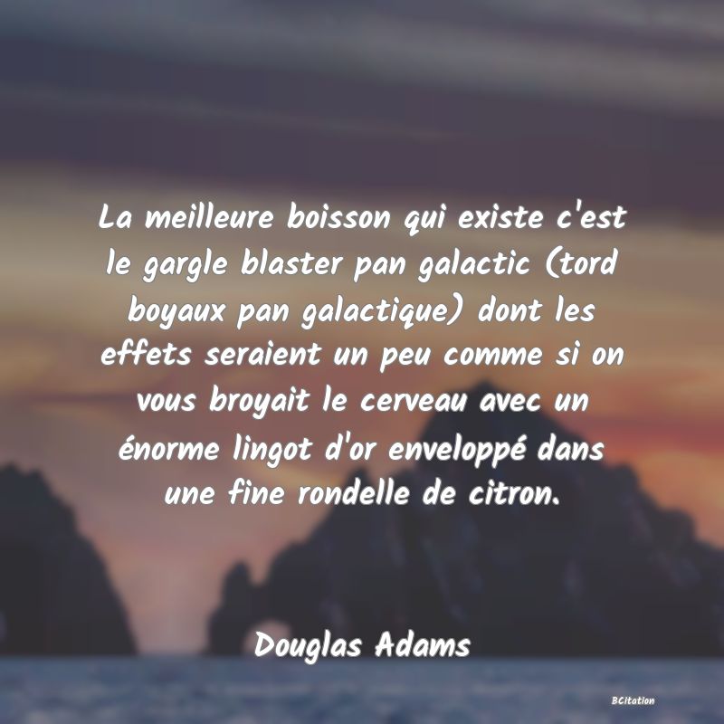 image de citation: La meilleure boisson qui existe c'est le gargle blaster pan galactic (tord boyaux pan galactique) dont les effets seraient un peu comme si on vous broyait le cerveau avec un énorme lingot d'or enveloppé dans une fine rondelle de citron.