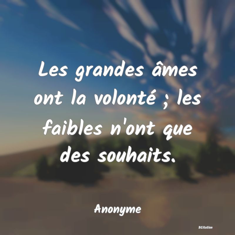 Belle Citation - Les grandes âmes ont la volonté ; les faibles n'ont que des souhaits. - Anonyme