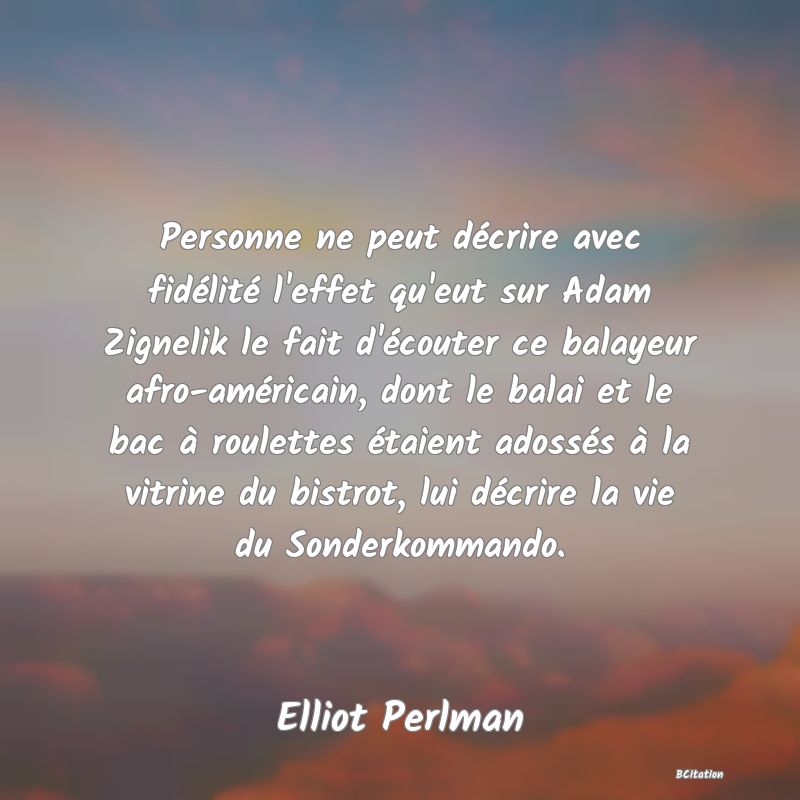 image de citation: Personne ne peut décrire avec fidélité l'effet qu'eut sur Adam Zignelik le fait d'écouter ce balayeur afro-américain, dont le balai et le bac à roulettes étaient adossés à la vitrine du bistrot, lui décrire la vie du Sonderkommando.