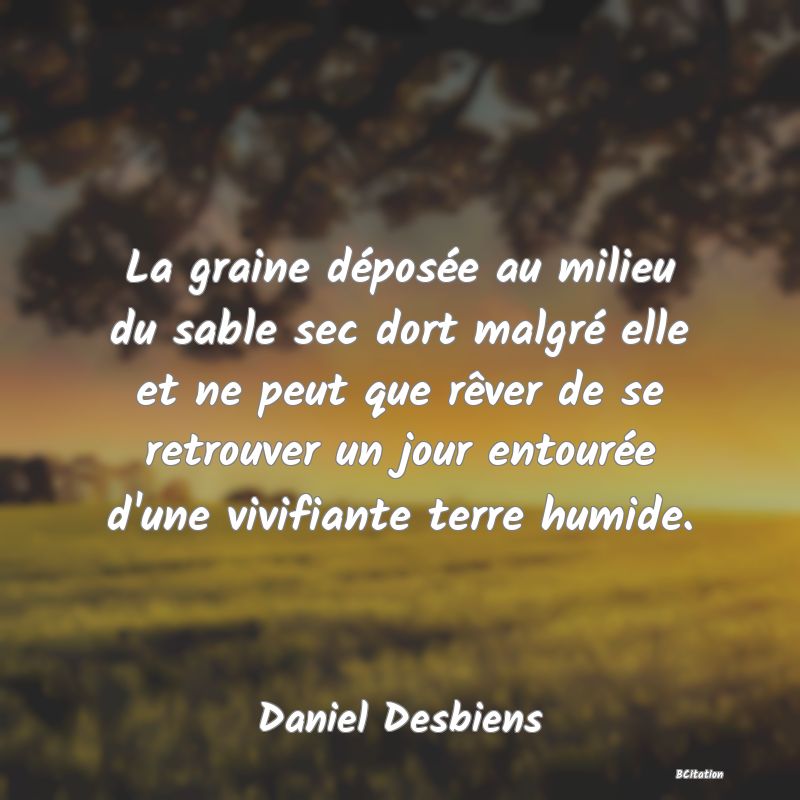 image de citation: La graine déposée au milieu du sable sec dort malgré elle et ne peut que rêver de se retrouver un jour entourée d'une vivifiante terre humide.