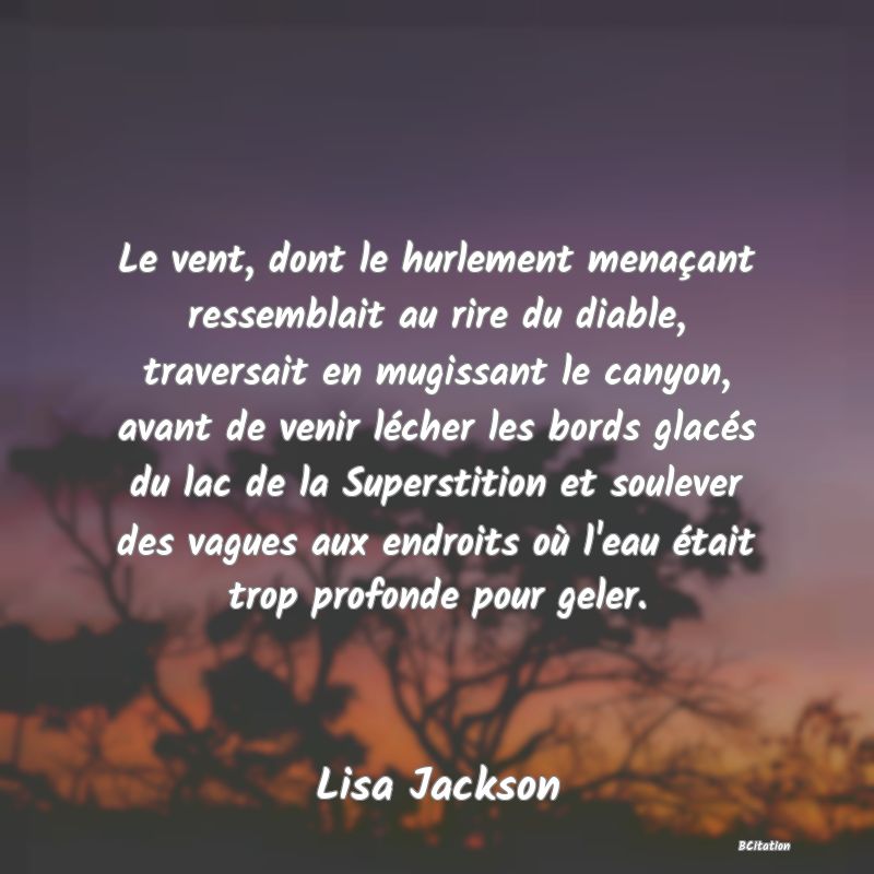 image de citation: Le vent, dont le hurlement menaçant ressemblait au rire du diable, traversait en mugissant le canyon, avant de venir lécher les bords glacés du lac de la Superstition et soulever des vagues aux endroits où l'eau était trop profonde pour geler.