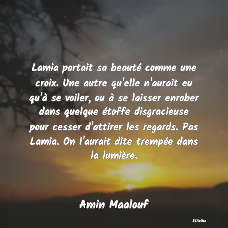 image de citation: Lamia portait sa beauté comme une croix. Une autre qu'elle n'aurait eu qu'à se voiler, ou à se laisser enrober dans quelque étoffe disgracieuse pour cesser d'attirer les regards. Pas Lamia. On l'aurait dite trempée dans la lumière.