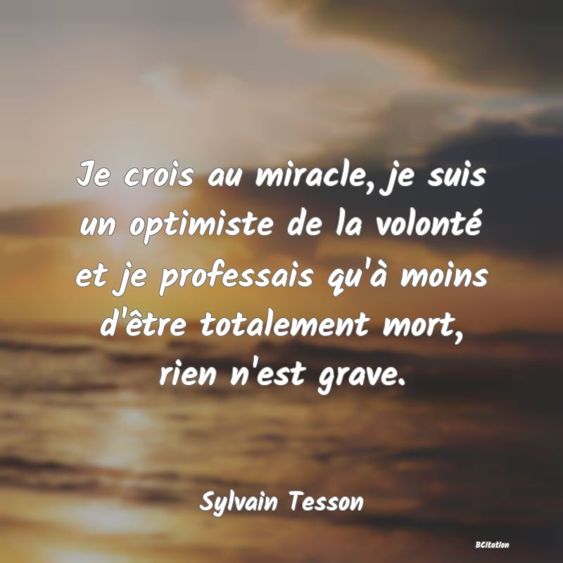 image de citation: Je crois au miracle, je suis un optimiste de la volonté et je professais qu'à moins d'être totalement mort, rien n'est grave.