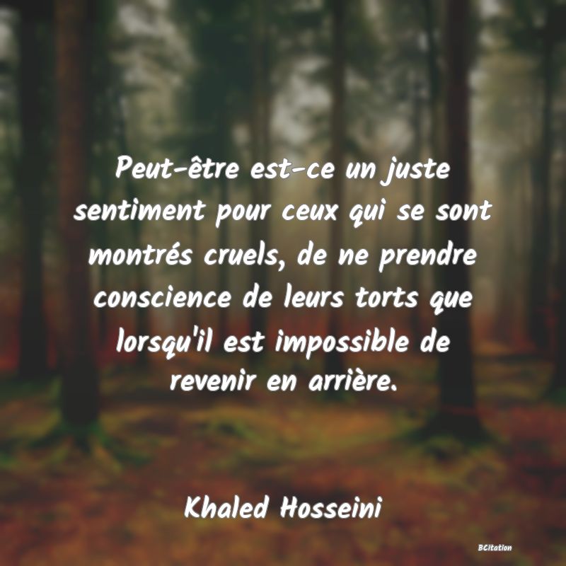 image de citation: Peut-être est-ce un juste sentiment pour ceux qui se sont montrés cruels, de ne prendre conscience de leurs torts que lorsqu'il est impossible de revenir en arrière.