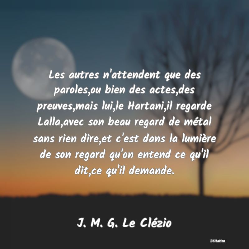 image de citation: Les autres n'attendent que des paroles,ou bien des actes,des preuves,mais lui,le Hartani,il regarde Lalla,avec son beau regard de métal sans rien dire,et c'est dans la lumière de son regard qu'on entend ce qu'il dit,ce qu'il demande.