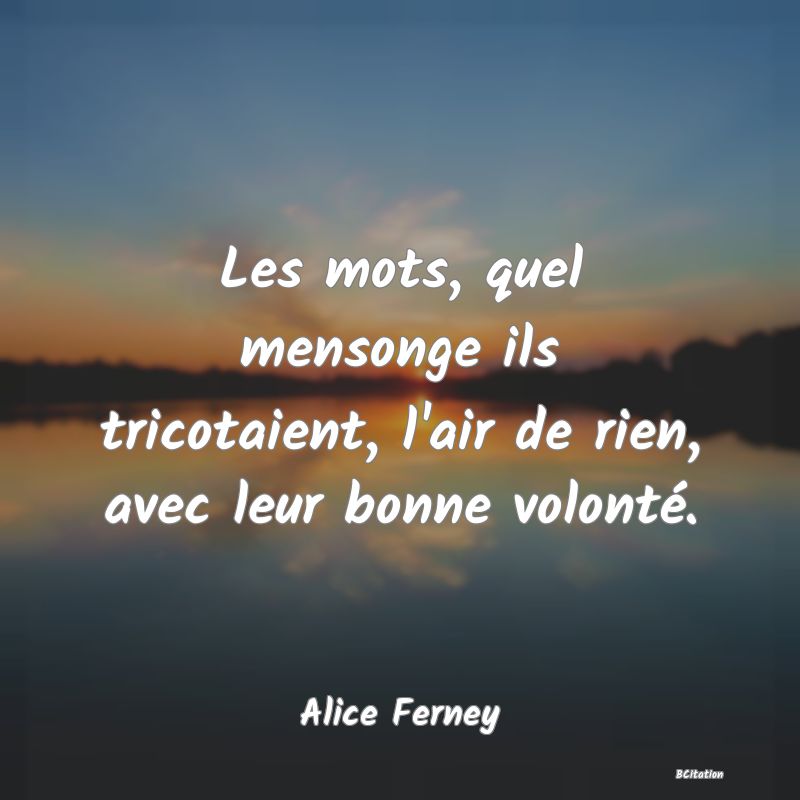 image de citation: Les mots, quel mensonge ils tricotaient, l'air de rien, avec leur bonne volonté.