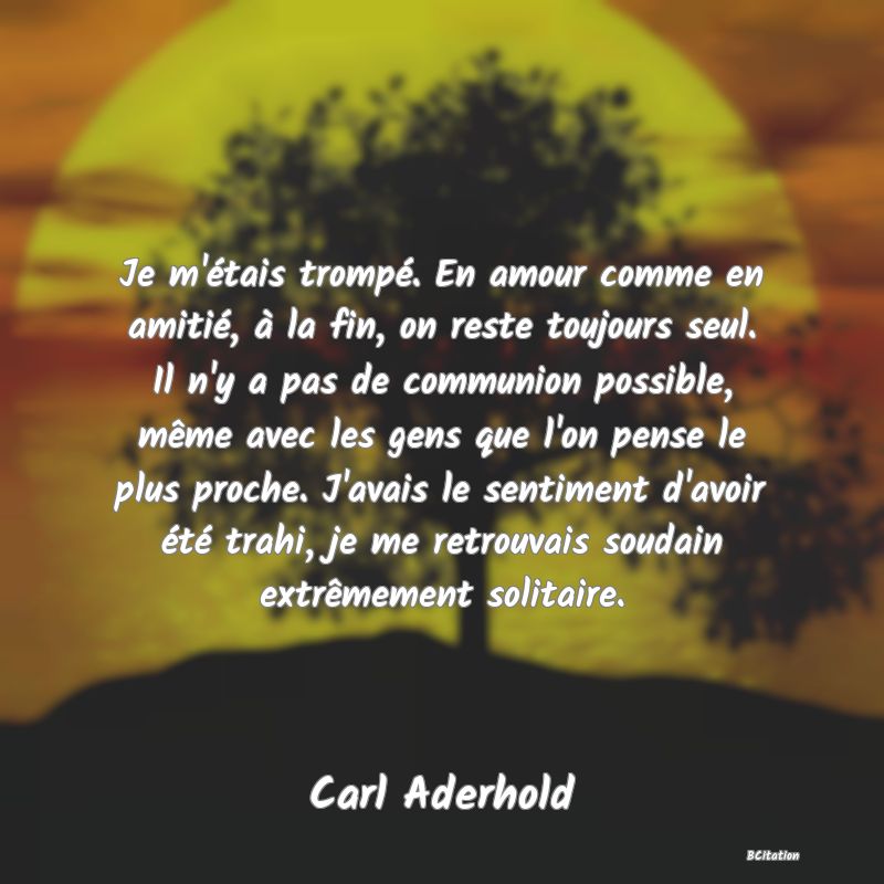 image de citation: Je m'étais trompé. En amour comme en amitié, à la fin, on reste toujours seul. Il n'y a pas de communion possible, même avec les gens que l'on pense le plus proche. J'avais le sentiment d'avoir été trahi, je me retrouvais soudain extrêmement solitaire.