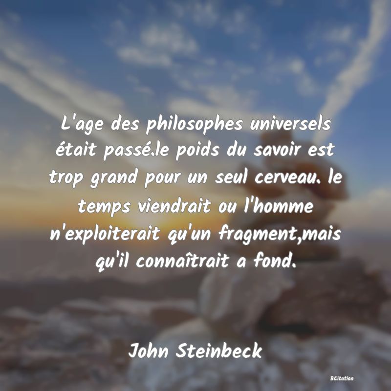 image de citation: L'age des philosophes universels était passé.le poids du savoir est trop grand pour un seul cerveau. le temps viendrait ou l'homme n'exploiterait qu'un fragment,mais qu'il connaîtrait a fond.