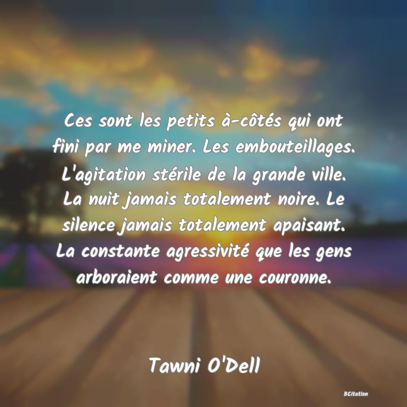 image de citation: Ces sont les petits à-côtés qui ont fini par me miner. Les embouteillages. L'agitation stérile de la grande ville. La nuit jamais totalement noire. Le silence jamais totalement apaisant. La constante agressivité que les gens arboraient comme une couronne.