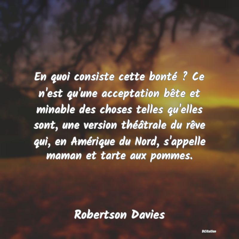 Belle Citation - En quoi consiste cette bonté ? Ce n'est qu'une acceptation bête et minable des choses telles qu'elles sont, une version théâtrale du rêve qui, en Amérique du Nord, s'appelle maman et tarte aux pommes. - Robertson Davies