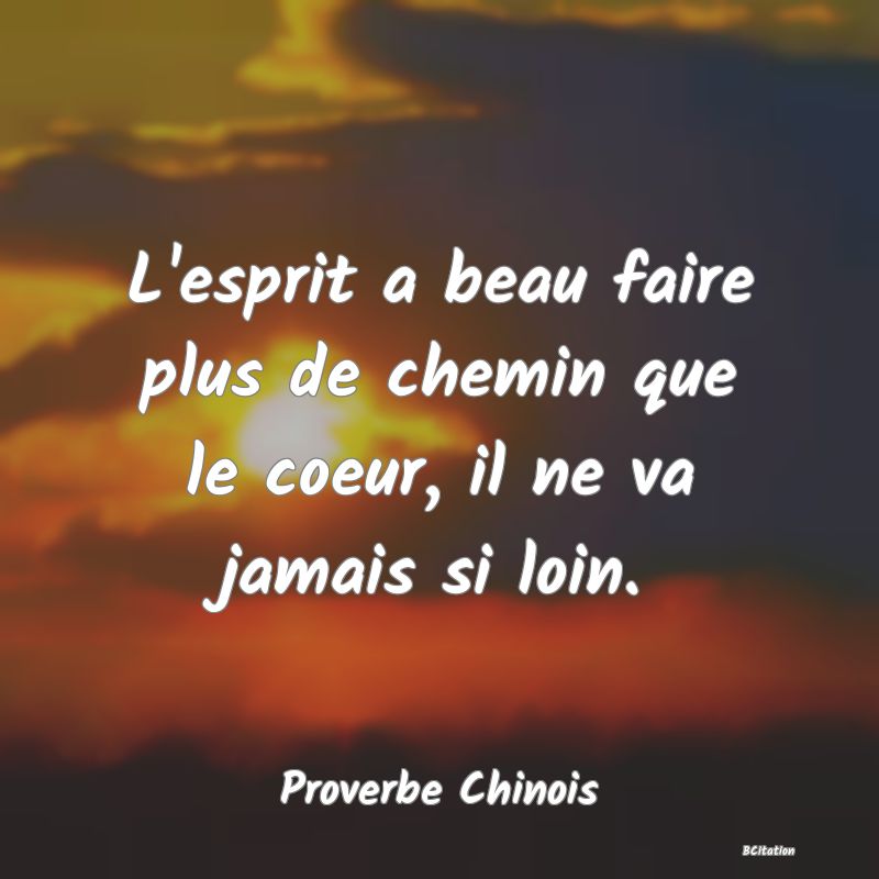 Belle Citation - L'esprit a beau faire plus de chemin que le coeur, il ne va jamais si loin. - Proverbe Chinois