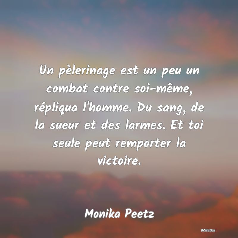 image de citation: Un pèlerinage est un peu un combat contre soi-même, répliqua l'homme. Du sang, de la sueur et des larmes. Et toi seule peut remporter la victoire.