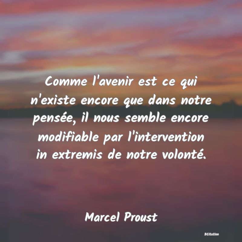 image de citation: Comme l'avenir est ce qui n'existe encore que dans notre pensée, il nous semble encore modifiable par l'intervention in extremis de notre volonté.