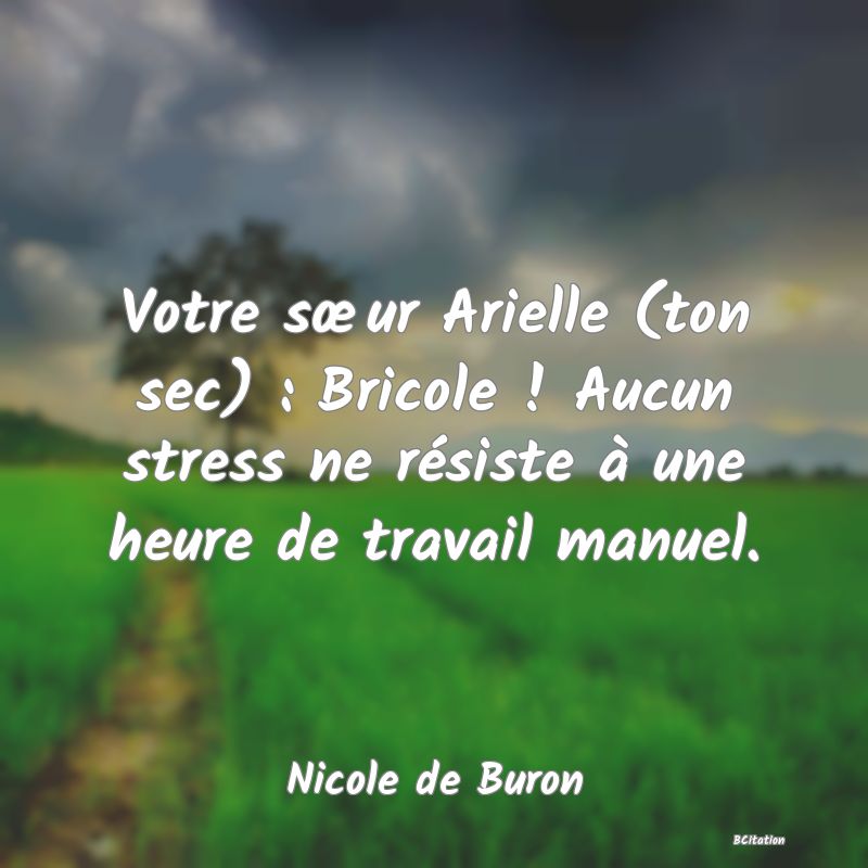 image de citation: Votre sœur Arielle (ton sec) : Bricole ! Aucun stress ne résiste à une heure de travail manuel.