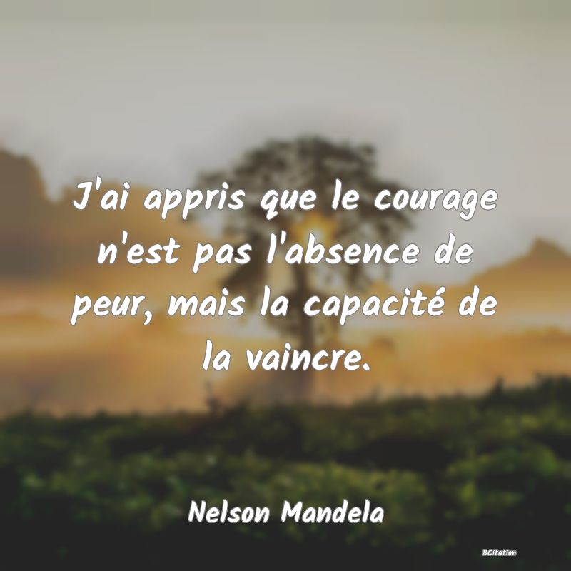 image de citation: J'ai appris que le courage n'est pas l'absence de peur, mais la capacité de la vaincre.