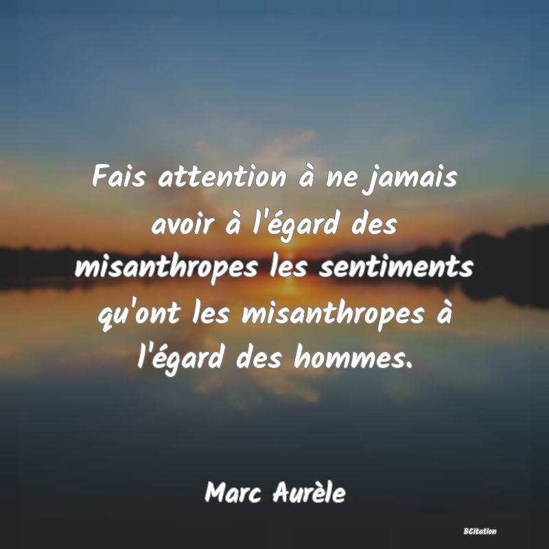 image de citation: Fais attention à ne jamais avoir à l'égard des misanthropes les sentiments qu'ont les misanthropes à l'égard des hommes.