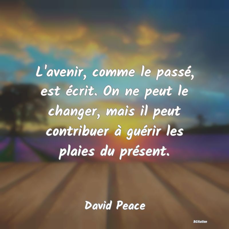 image de citation: L'avenir, comme le passé, est écrit. On ne peut le changer, mais il peut contribuer à guérir les plaies du présent.