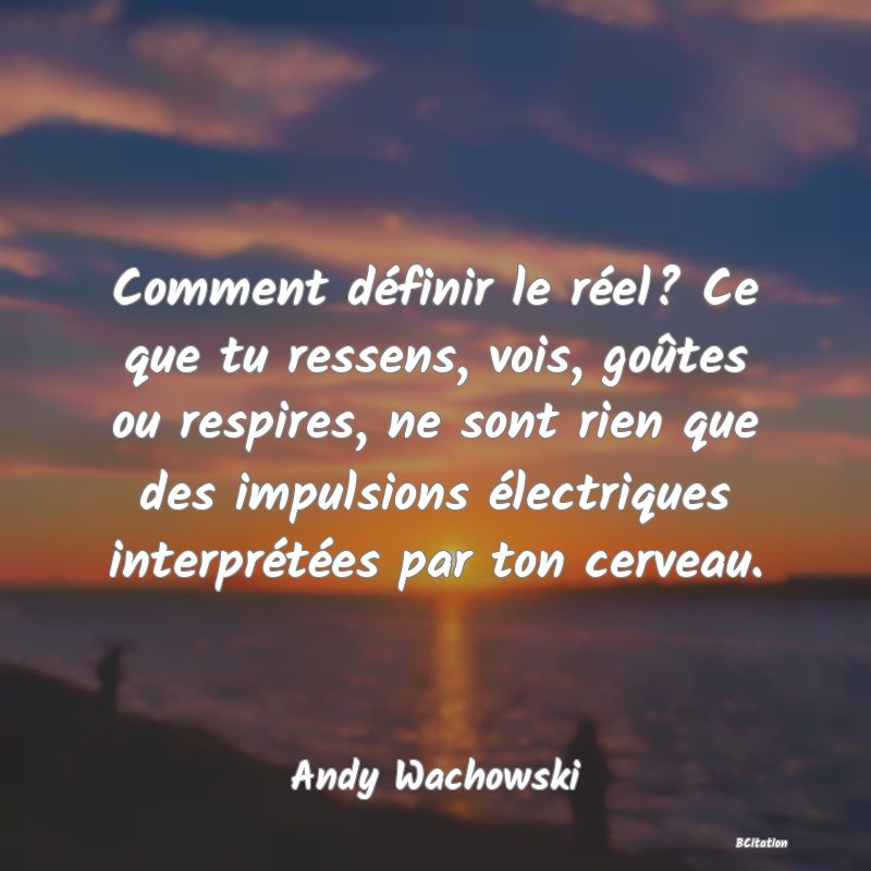 image de citation: Comment définir le réel? Ce que tu ressens, vois, goûtes ou respires, ne sont rien que des impulsions électriques interprétées par ton cerveau.