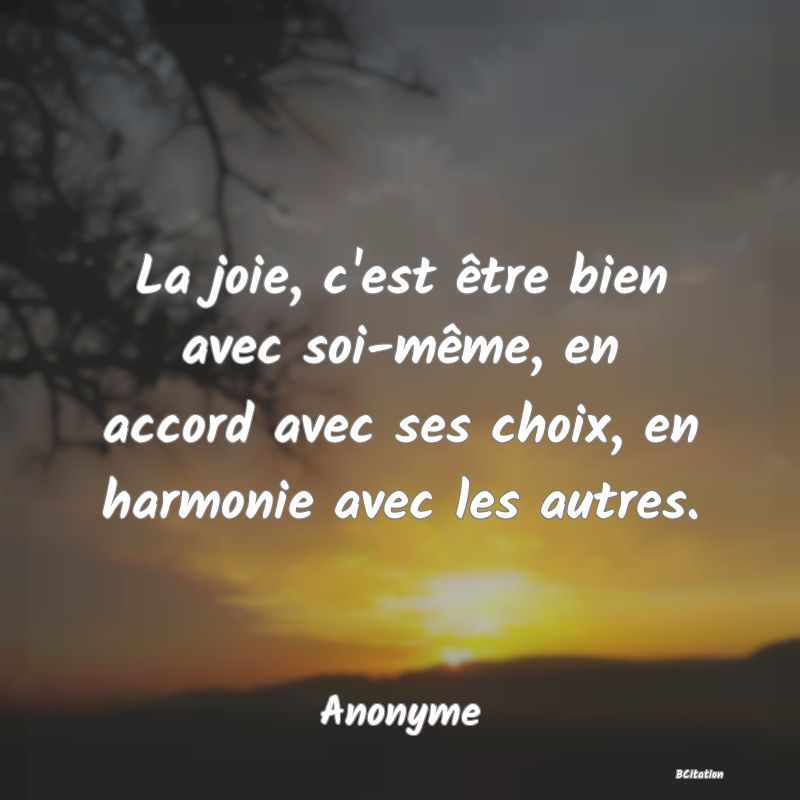 Belle Citation - La joie, c'est être bien avec soi-même, en accord avec ses choix, en harmonie avec les autres. - Anonyme