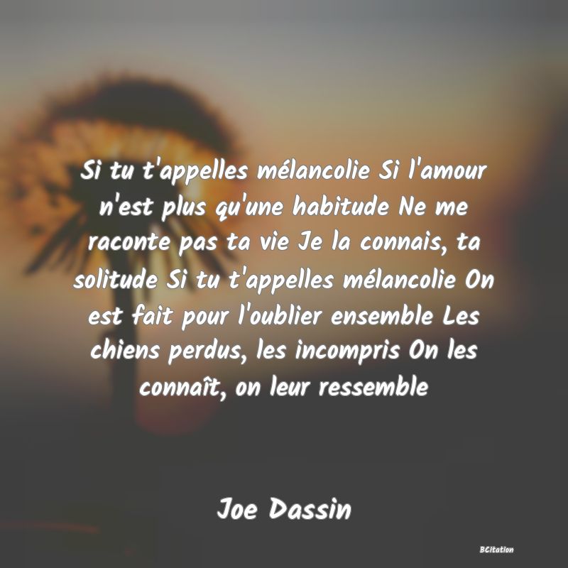 image de citation: Si tu t'appelles mélancolie Si l'amour n'est plus qu'une habitude Ne me raconte pas ta vie Je la connais, ta solitude Si tu t'appelles mélancolie On est fait pour l'oublier ensemble Les chiens perdus, les incompris On les connaît, on leur ressemble