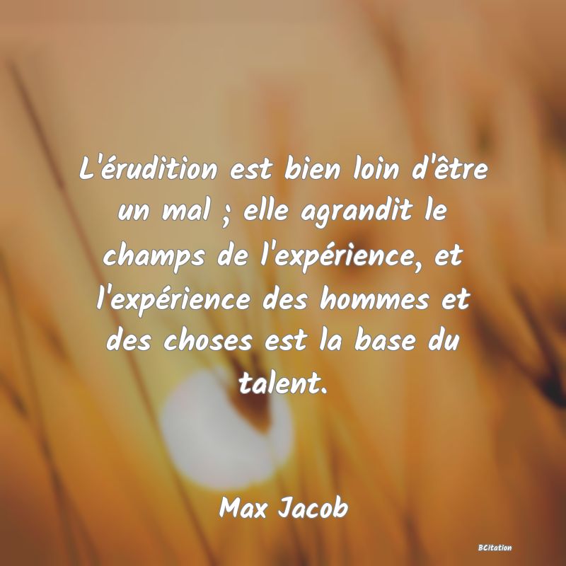 Belle Citation - L'érudition est bien loin d'être un mal ; elle agrandit le champs de l'expérience, et l'expérience des hommes et des choses est la base du talent. - Max Jacob