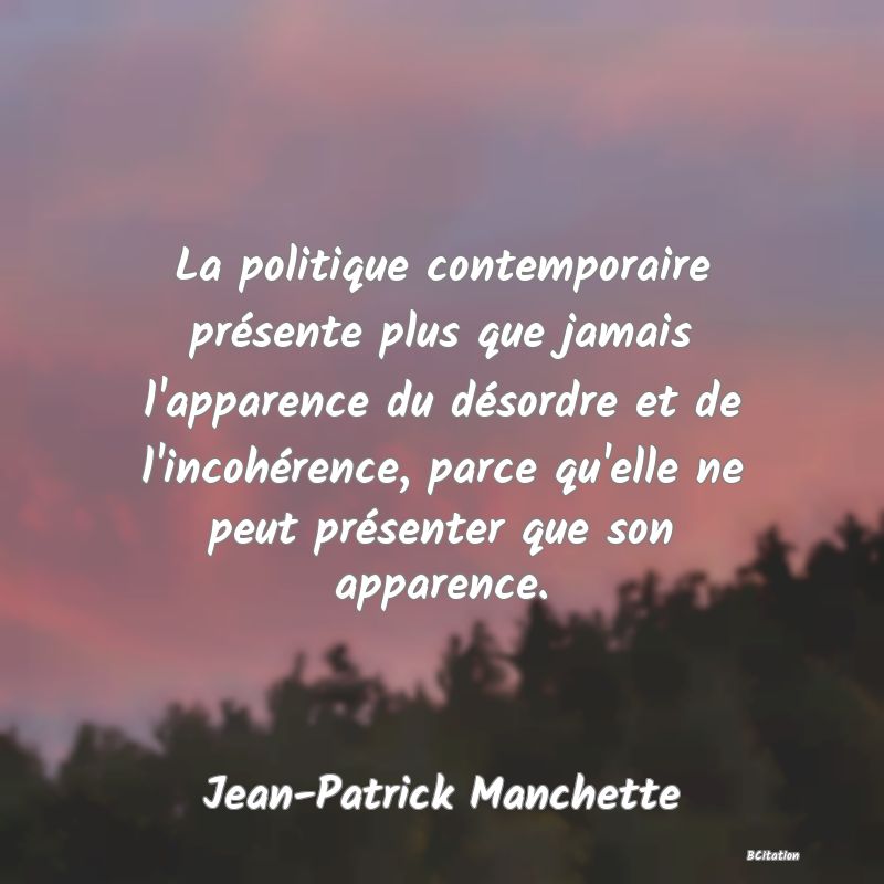 image de citation: La politique contemporaire présente plus que jamais l'apparence du désordre et de l'incohérence, parce qu'elle ne peut présenter que son apparence.