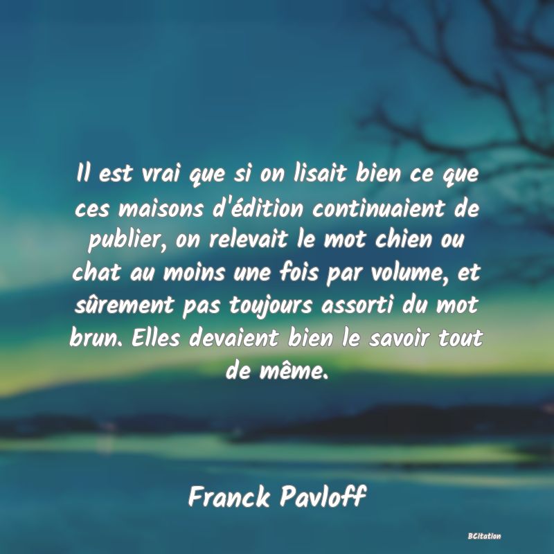 image de citation: Il est vrai que si on lisait bien ce que ces maisons d'édition continuaient de publier, on relevait le mot chien ou chat au moins une fois par volume, et sûrement pas toujours assorti du mot brun. Elles devaient bien le savoir tout de même.