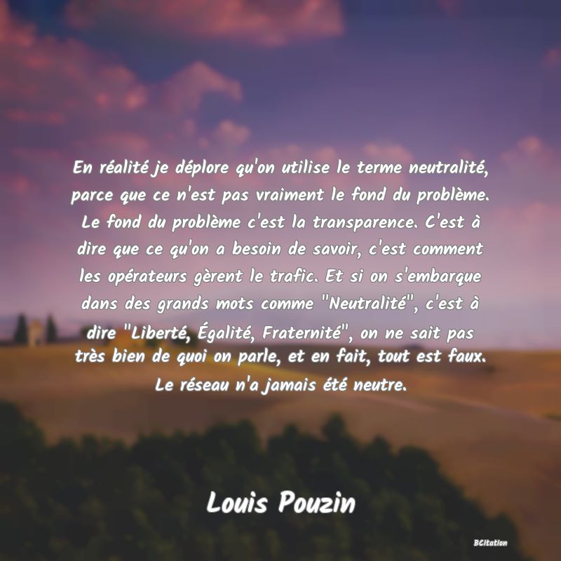 image de citation: En réalité je déplore qu'on utilise le terme neutralité, parce que ce n'est pas vraiment le fond du problème. Le fond du problème c'est la transparence. C'est à dire que ce qu'on a besoin de savoir, c'est comment les opérateurs gèrent le trafic. Et si on s'embarque dans des grands mots comme  Neutralité , c'est à dire  Liberté, Égalité, Fraternité , on ne sait pas très bien de quoi on parle, et en fait, tout est faux. Le réseau n'a jamais été neutre.