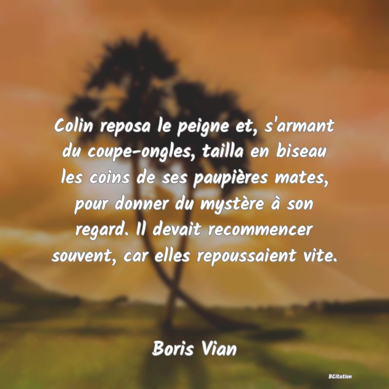 image de citation: Colin reposa le peigne et, s'armant du coupe-ongles, tailla en biseau les coins de ses paupières mates, pour donner du mystère à son regard. Il devait recommencer souvent, car elles repoussaient vite.