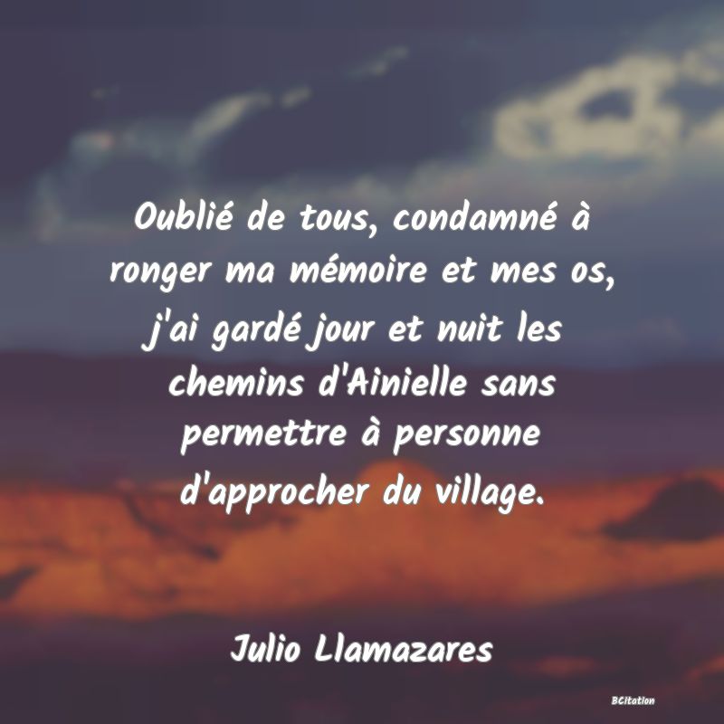 image de citation: Oublié de tous, condamné à ronger ma mémoire et mes os, j'ai gardé jour et nuit les chemins d'Ainielle sans permettre à personne d'approcher du village.