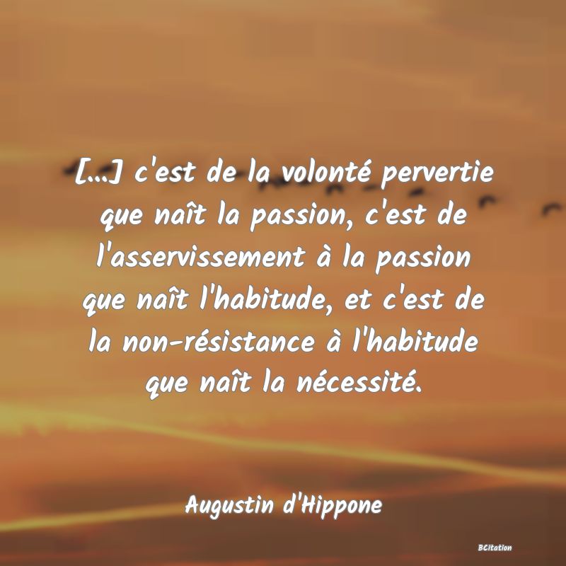 image de citation: [...] c'est de la volonté pervertie que naît la passion, c'est de l'asservissement à la passion que naît l'habitude, et c'est de la non-résistance à l'habitude que naît la nécessité.