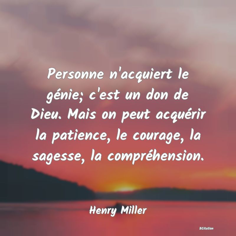 Belle Citation - Personne n'acquiert le génie; c'est un don de Dieu. Mais on peut acquérir la patience, le courage, la sagesse, la compréhension. - Henry Miller
