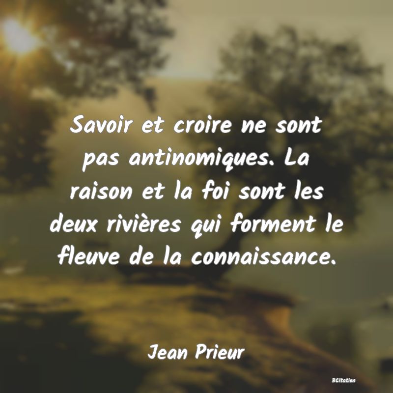 image de citation: Savoir et croire ne sont pas antinomiques. La raison et la foi sont les deux rivières qui forment le fleuve de la connaissance.