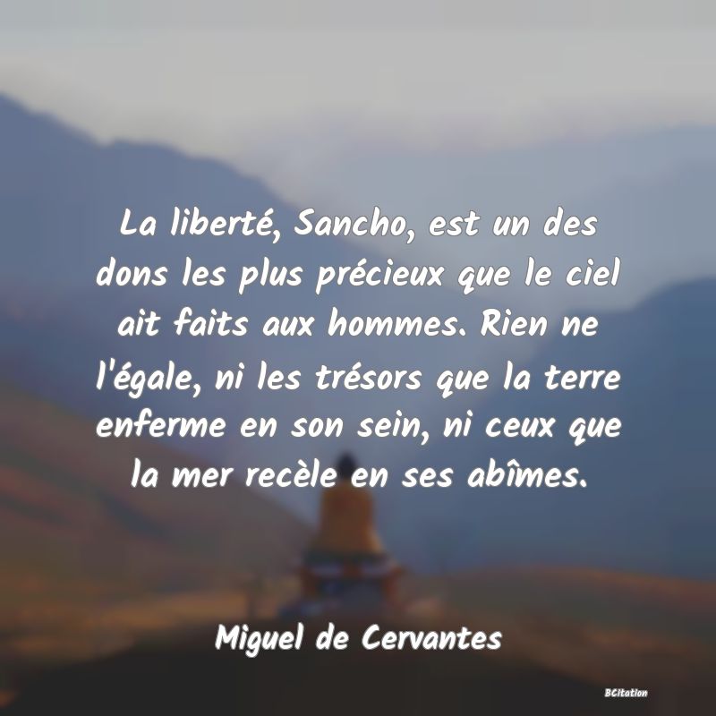 image de citation: La liberté, Sancho, est un des dons les plus précieux que le ciel ait faits aux hommes. Rien ne l'égale, ni les trésors que la terre enferme en son sein, ni ceux que la mer recèle en ses abîmes.