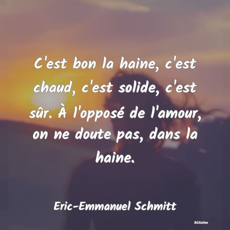 Belle Citation - C'est bon la haine, c'est chaud, c'est solide, c'est sûr. À l'opposé de l'amour, on ne doute pas, dans la haine. - Eric-Emmanuel Schmitt