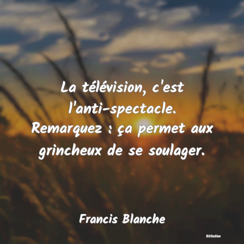 Belle Citation - La télévision, c'est l'anti-spectacle. Remarquez : ça permet aux grincheux de se soulager. - Francis Blanche