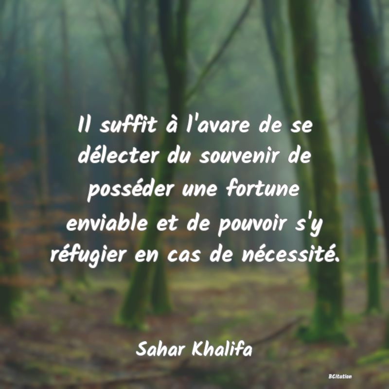 image de citation: Il suffit à l'avare de se délecter du souvenir de posséder une fortune enviable et de pouvoir s'y réfugier en cas de nécessité.