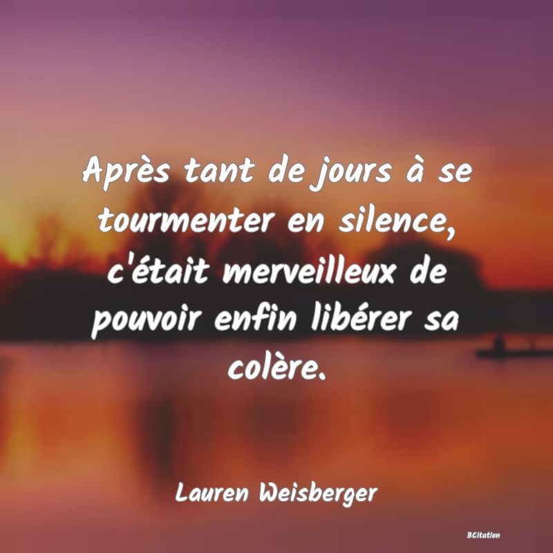 image de citation: Après tant de jours à se tourmenter en silence, c'était merveilleux de pouvoir enfin libérer sa colère.