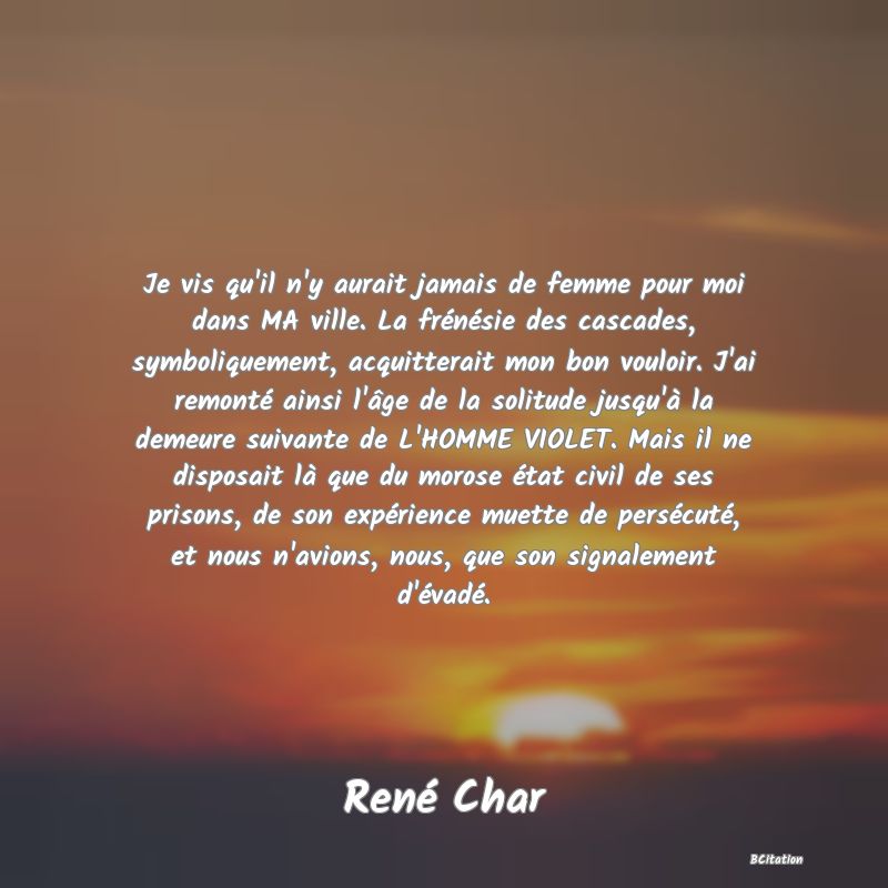 Belle Citation - Je vis qu'il n'y aurait jamais de femme pour moi dans MA ville. La frénésie des cascades, symboliquement, acquitterait mon bon vouloir. J'ai remonté ainsi l'âge de la solitude jusqu'à la demeure suivante de L'HOMME VIOLET. Mais il ne disposait là que du morose état civil de ses prisons, de son expérience muette de persécuté, et nous n'avions, nous, que son signalement d'évadé. - René Char