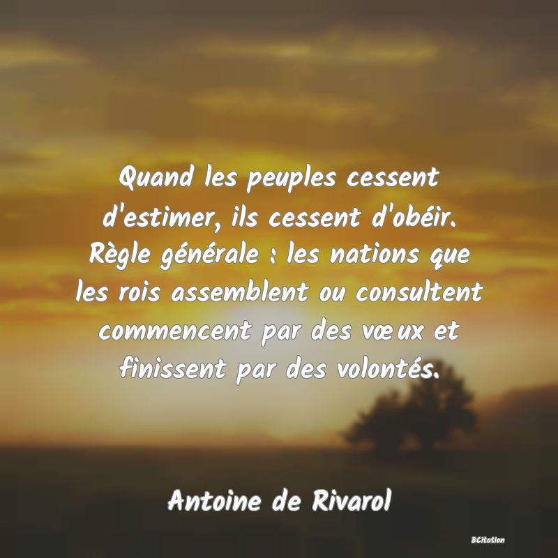 image de citation: Quand les peuples cessent d'estimer, ils cessent d'obéir. Règle générale : les nations que les rois assemblent ou consultent commencent par des vœux et finissent par des volontés.