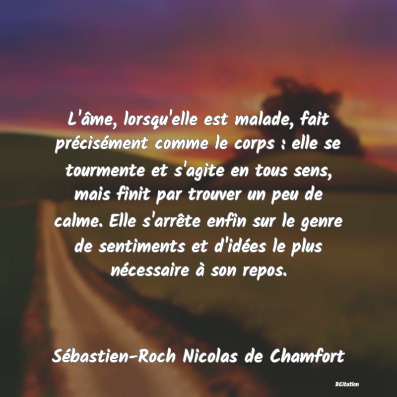 image de citation: L'âme, lorsqu'elle est malade, fait précisément comme le corps : elle se tourmente et s'agite en tous sens, mais finit par trouver un peu de calme. Elle s'arrête enfin sur le genre de sentiments et d'idées le plus nécessaire à son repos.