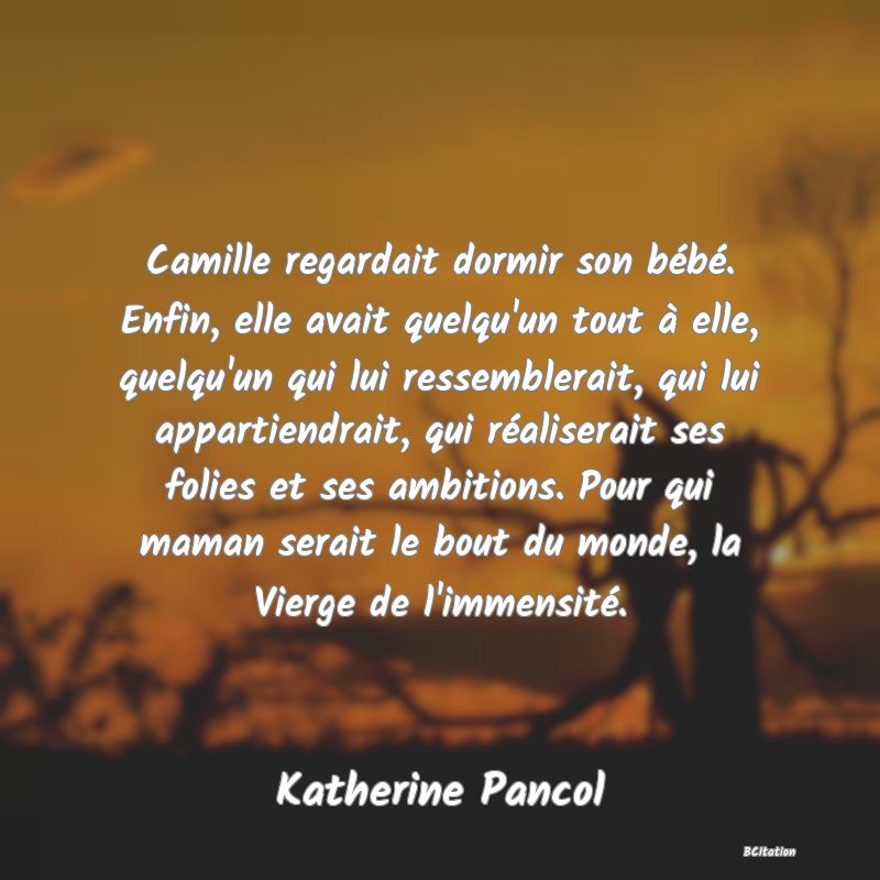 image de citation: Camille regardait dormir son bébé. Enfin, elle avait quelqu'un tout à elle, quelqu'un qui lui ressemblerait, qui lui appartiendrait, qui réaliserait ses folies et ses ambitions. Pour qui maman serait le bout du monde, la Vierge de l'immensité.