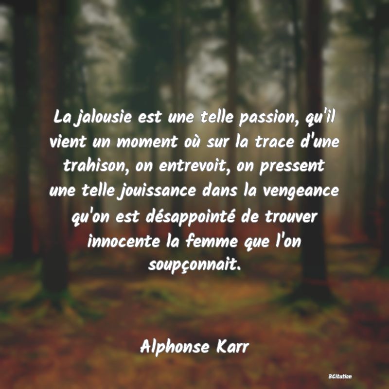 Belle Citation - La jalousie est une telle passion, qu'il vient un moment où sur la trace d'une trahison, on entrevoit, on pressent une telle jouissance dans la vengeance qu'on est désappointé de trouver innocente la femme que l'on soupçonnait. - Alphonse Karr