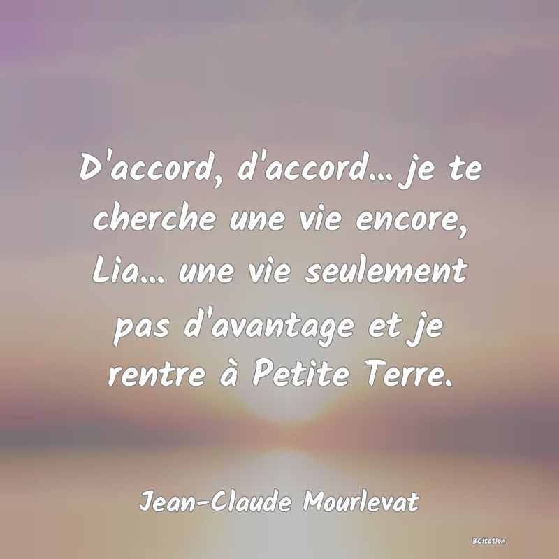 image de citation: D'accord, d'accord... je te cherche une vie encore, Lia... une vie seulement pas d'avantage et je rentre à Petite Terre.