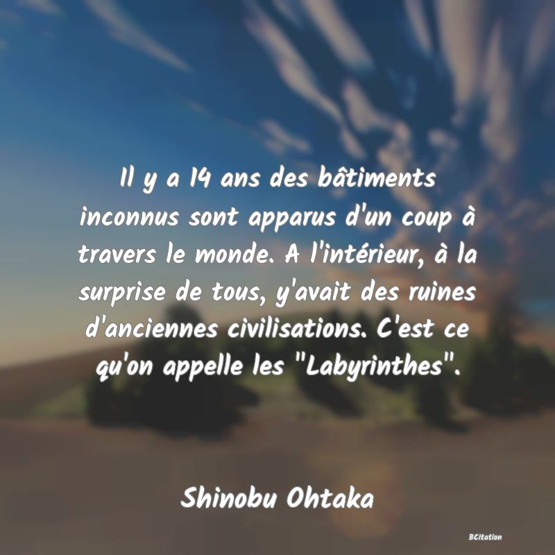 image de citation: Il y a 14 ans des bâtiments inconnus sont apparus d'un coup à travers le monde. A l'intérieur, à la surprise de tous, y'avait des ruines d'anciennes civilisations. C'est ce qu'on appelle les  Labyrinthes .