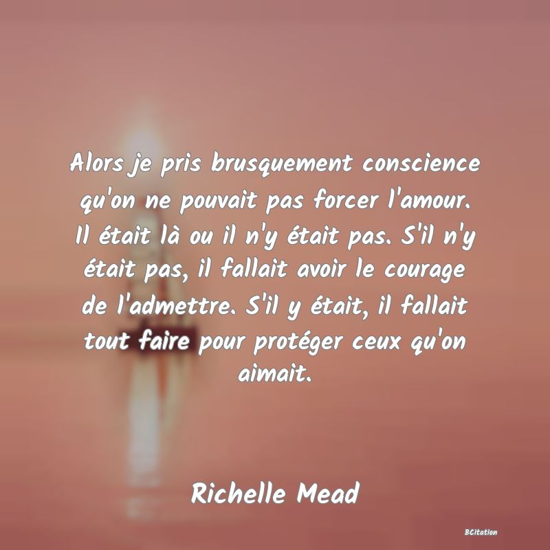 image de citation: Alors je pris brusquement conscience qu'on ne pouvait pas forcer l'amour. Il était là ou il n'y était pas. S'il n'y était pas, il fallait avoir le courage de l'admettre. S'il y était, il fallait tout faire pour protéger ceux qu'on aimait.