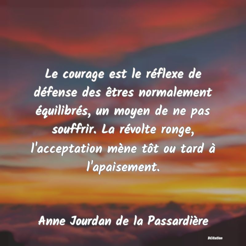 image de citation: Le courage est le réflexe de défense des êtres normalement équilibrés, un moyen de ne pas souffrir. La révolte ronge, l'acceptation mène tôt ou tard à l'apaisement.