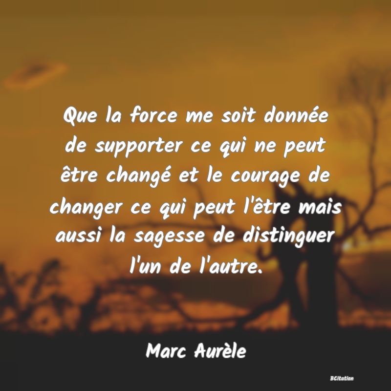 image de citation: Que la force me soit donnée de supporter ce qui ne peut être changé et le courage de changer ce qui peut l'être mais aussi la sagesse de distinguer l'un de l'autre.