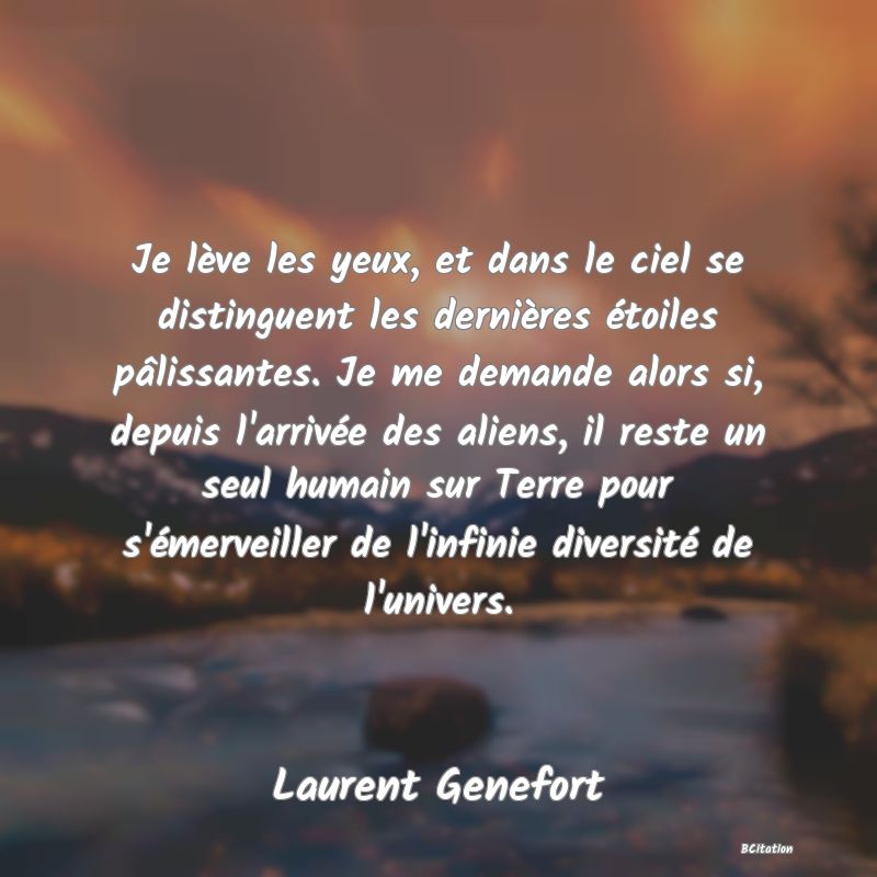 image de citation: Je lève les yeux, et dans le ciel se distinguent les dernières étoiles pâlissantes. Je me demande alors si, depuis l'arrivée des aliens, il reste un seul humain sur Terre pour s'émerveiller de l'infinie diversité de l'univers.