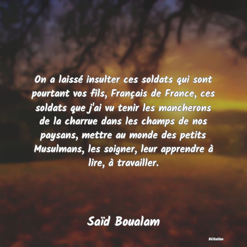 image de citation: On a laissé insulter ces soldats qui sont pourtant vos fils, Français de France, ces soldats que j'ai vu tenir les mancherons de la charrue dans les champs de nos paysans, mettre au monde des petits Musulmans, les soigner, leur apprendre à lire, à travailler.